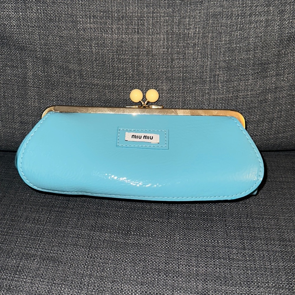 Miu Miu Mini Clutch Pouch Bag Faux Patent Leather Light Blue Torqouise